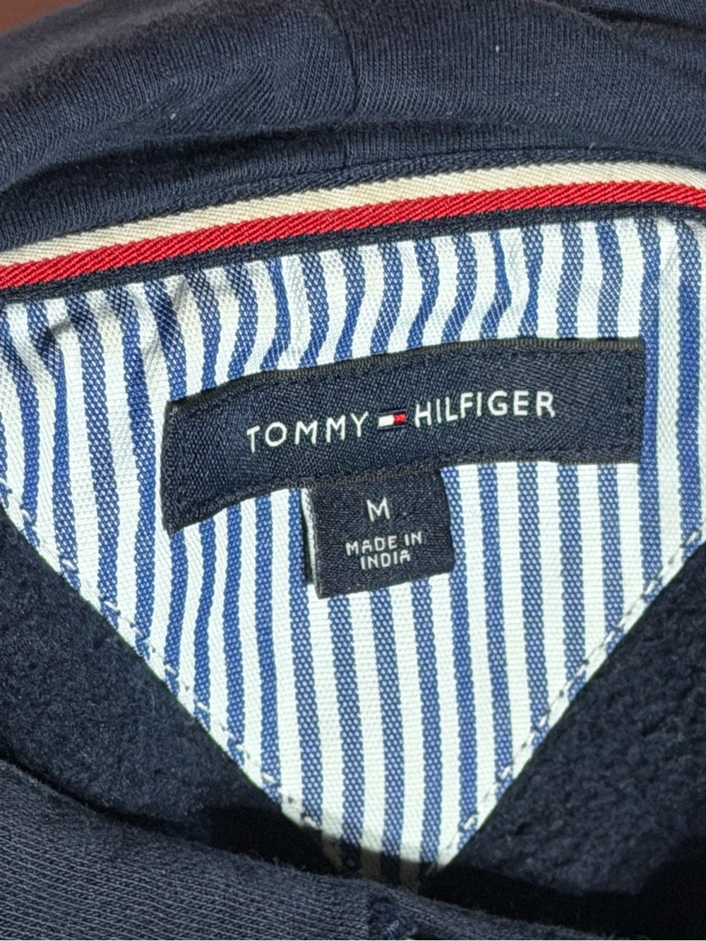 Tommy Hilfiger Navy Hoodie with Red & White Sleeve Stripes - Picture 9 of 10